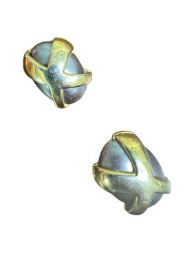 Kenneth Jay Lane Gray Pearl Dome Clip On Earrings with Gold Cross Overlay